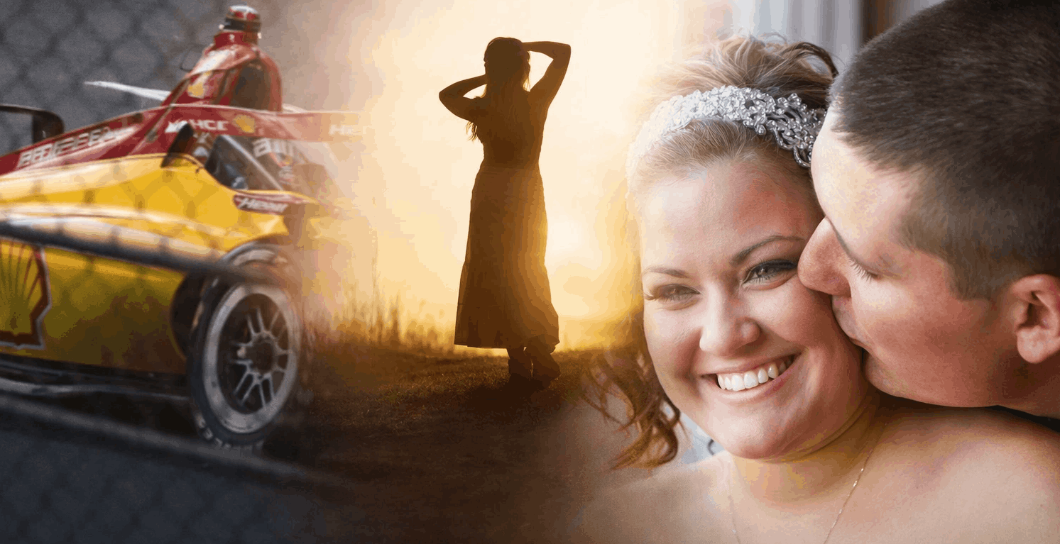 Creative wedding portrait of a bride and groom sharing a kiss in golden-hour light, with a dramatic silhouette overlay of a young woman (senior portrait subject) standing confidently in front of a high-speed race car at sunset – unique wedding photography by Imaginarium Pictures, West Michigan