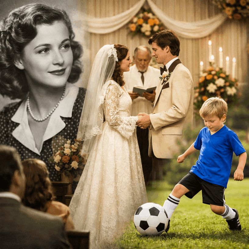 Emotional photomontage blending generations: vintage black-and-white bride and groom from the 1940s overlaid with a modern wedding couple exchanging vows, while a young boy in soccer gear joyfully kicks a ball in the foreground – storytelling photomontage by Imaginarium Pictures, West Michigan