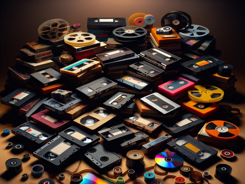 Collection of vintage media for transfer services: stack of VHS tapes, 8mm film reels, Super 8 cassettes, and old photo prints ready for digitization – preserve your memories with Imaginarium Pictures, West Michigan